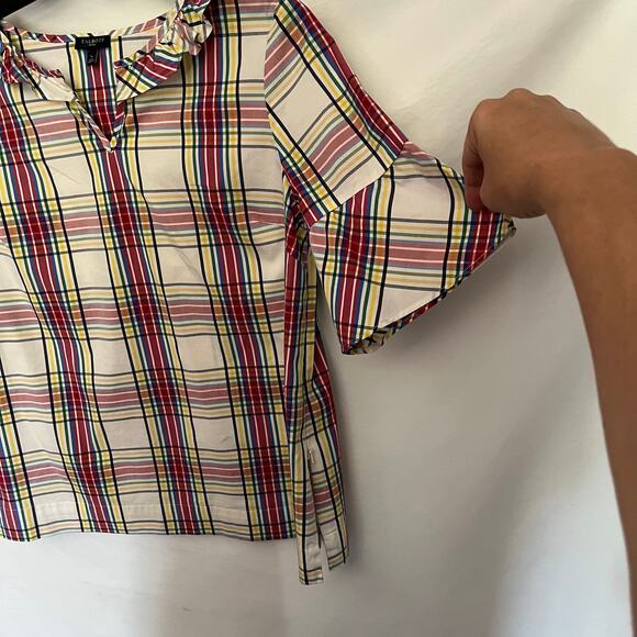 Talbots Plaid Bell Sleeve Womens Top Small Petite White Ruffles Academia Preppy - Picture 4 of 16
